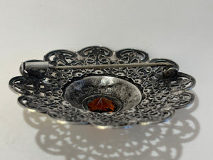 Ottoman Style Turkish Silver Brooch or Veil Pin with Moorish Filigree Lace