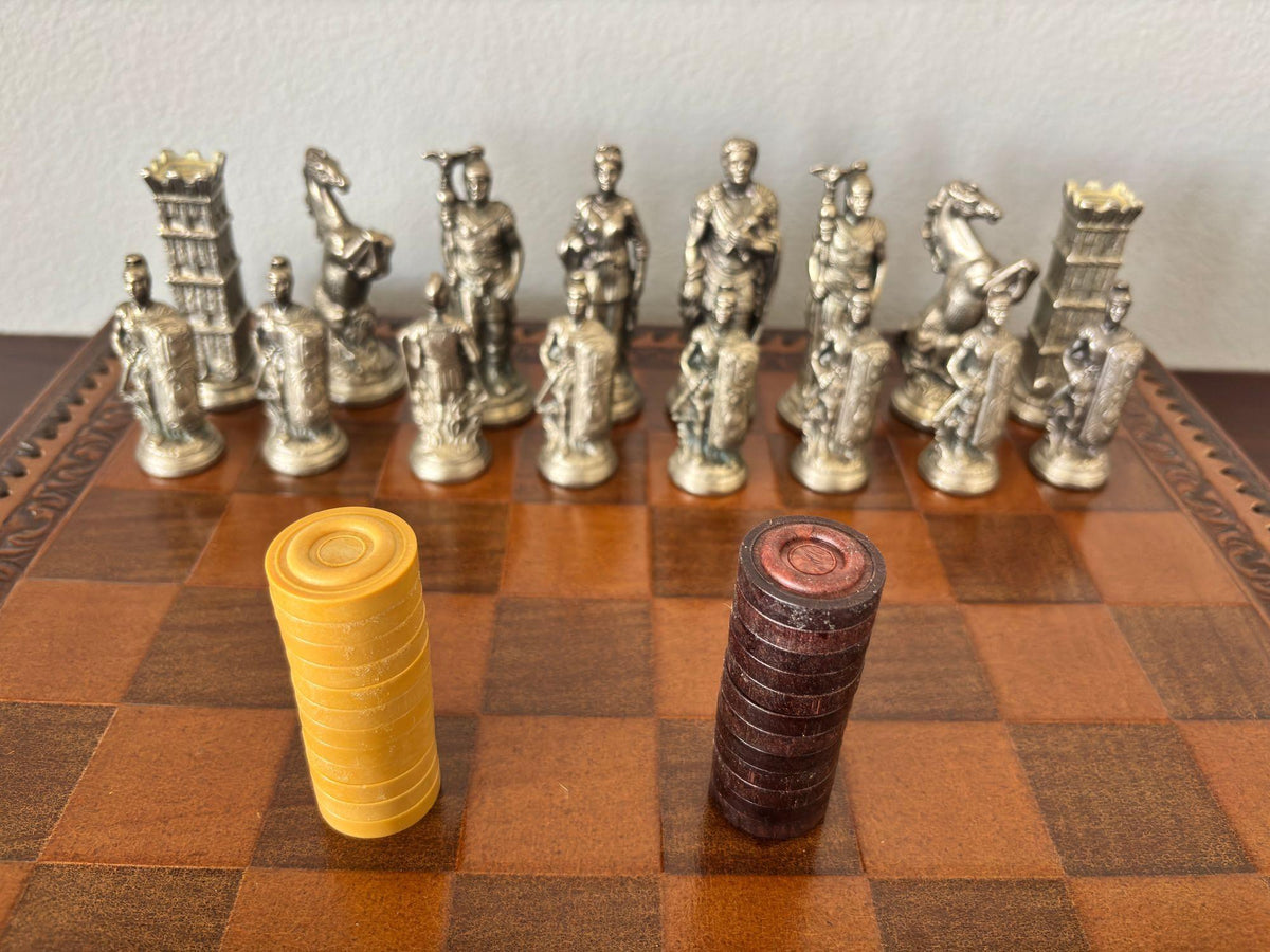 Italian Roman-Style Chess Set Cast Metal and Leather Leather Board Circa 1960 — detail view 10