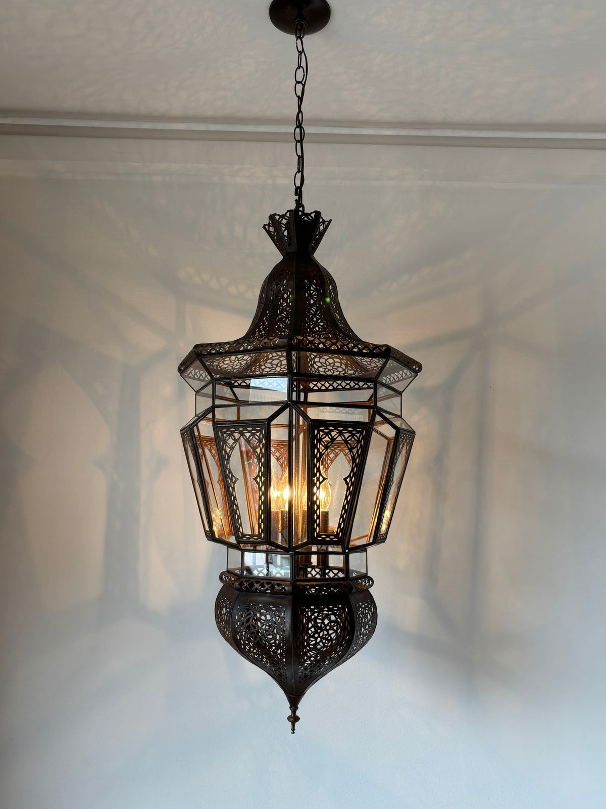 Pair of Large Moroccan Moorish Glass and Filigree Hanging Lanterns