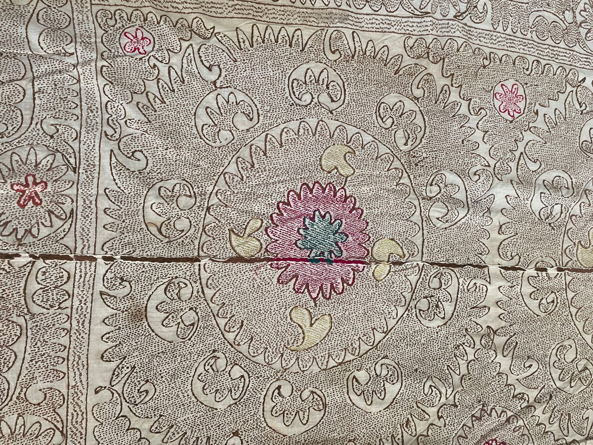 Vintage Embroidered Uzbekistan Suzani Tapestry Wall Hanging Brown and Pink XL