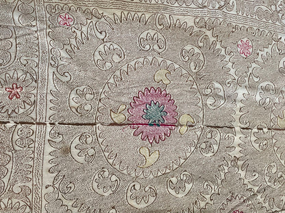 Vintage Embroidered Uzbekistan Suzani Tapestry Wall Hanging Brown and Pink XL