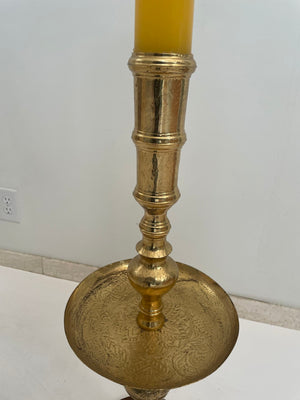 Vintage Polished Brass Moroccan Pillar Candle Holder 1950s