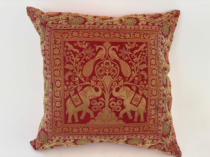 Decorative Silk Throw Pillow with Elephants and Peacocks India