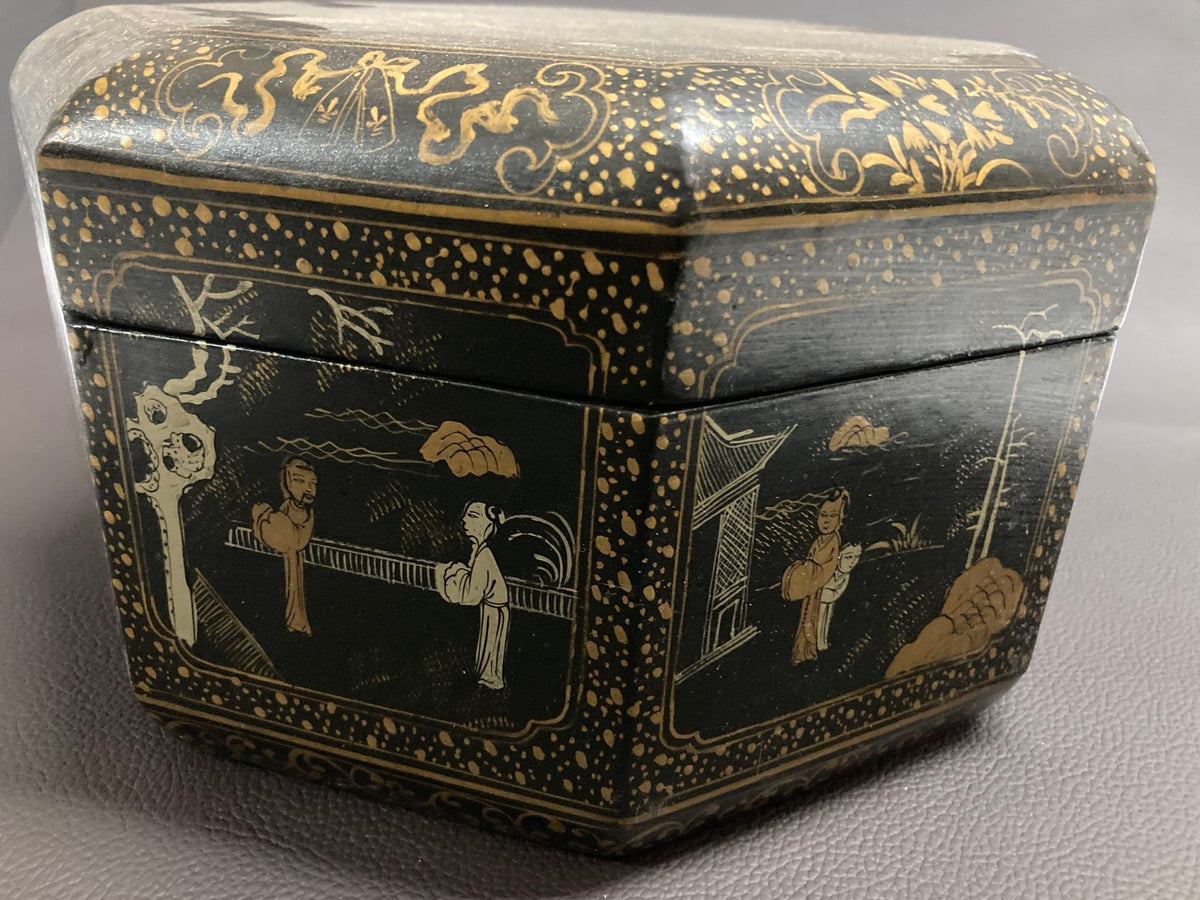 Large Chinese Tea Box Black Lacquered Gilt Hand Painted Octagonal Box 1940s