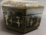 Large Chinese Tea Box Black Lacquered Gilt Hand Painted Octagonal Box 1940s