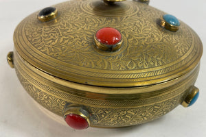 Vintage Moroccan Jewelled Trinket Brass Round Box with Beads