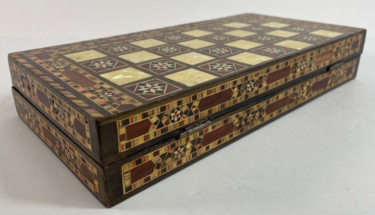 Middle Eastern Mosaic Inlaid Marquetry Box, Vintage Game Chest, 1950