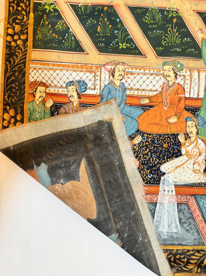 Mughal Court Scene on Silk After a 19th Century Indo-Persian Palace Painting