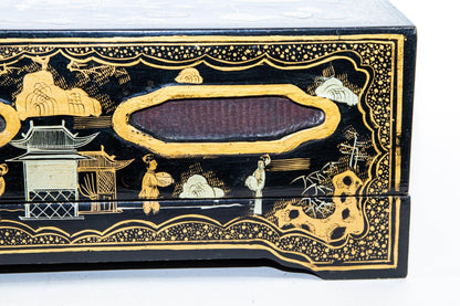Large Chinoiserie Rectangular Black Lacquered Gilt Painted Covered Box 1950s — additional view 9