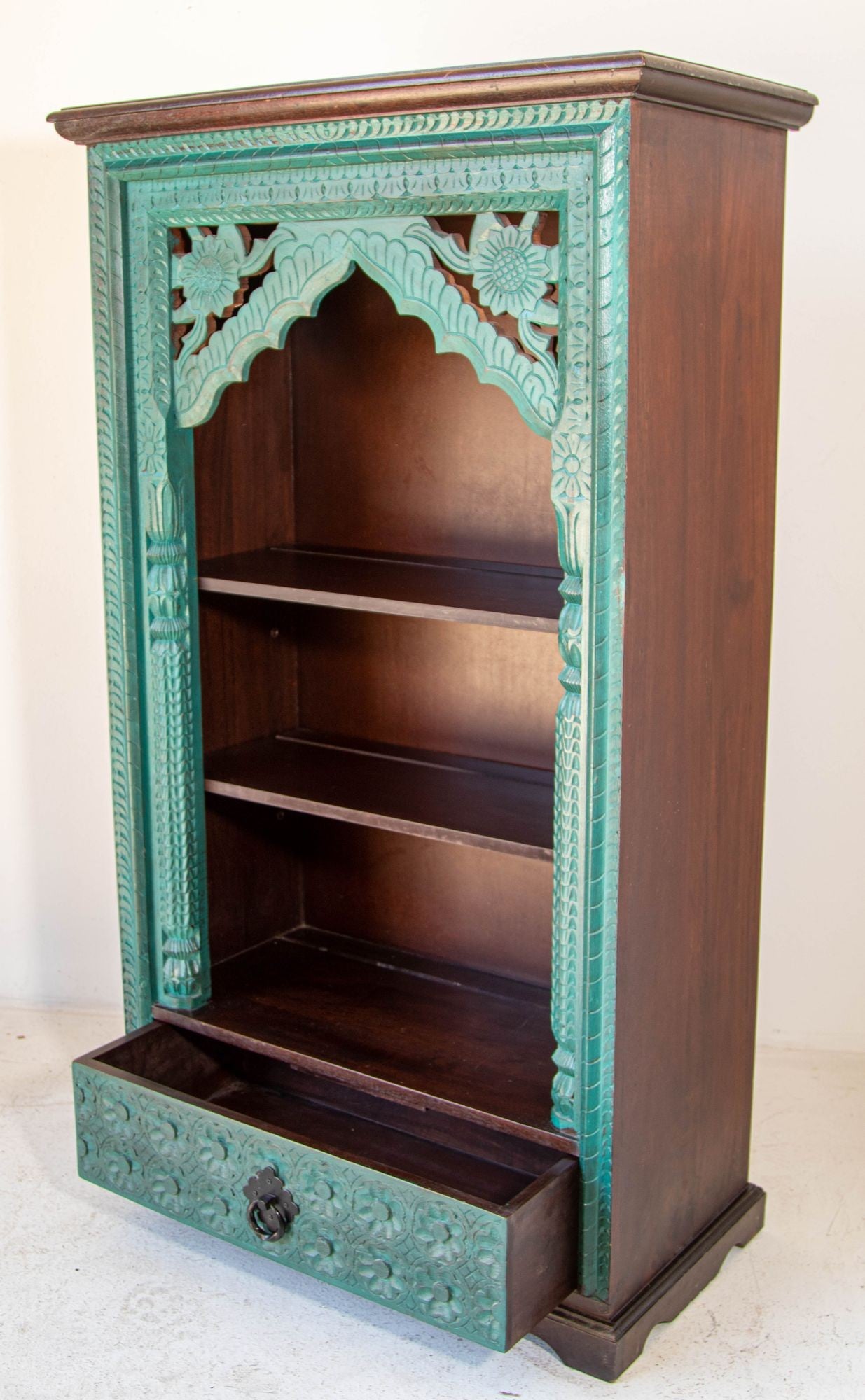 Hand-Carved Arch Bookshelf Wooden Cabinet in Rustic Blue