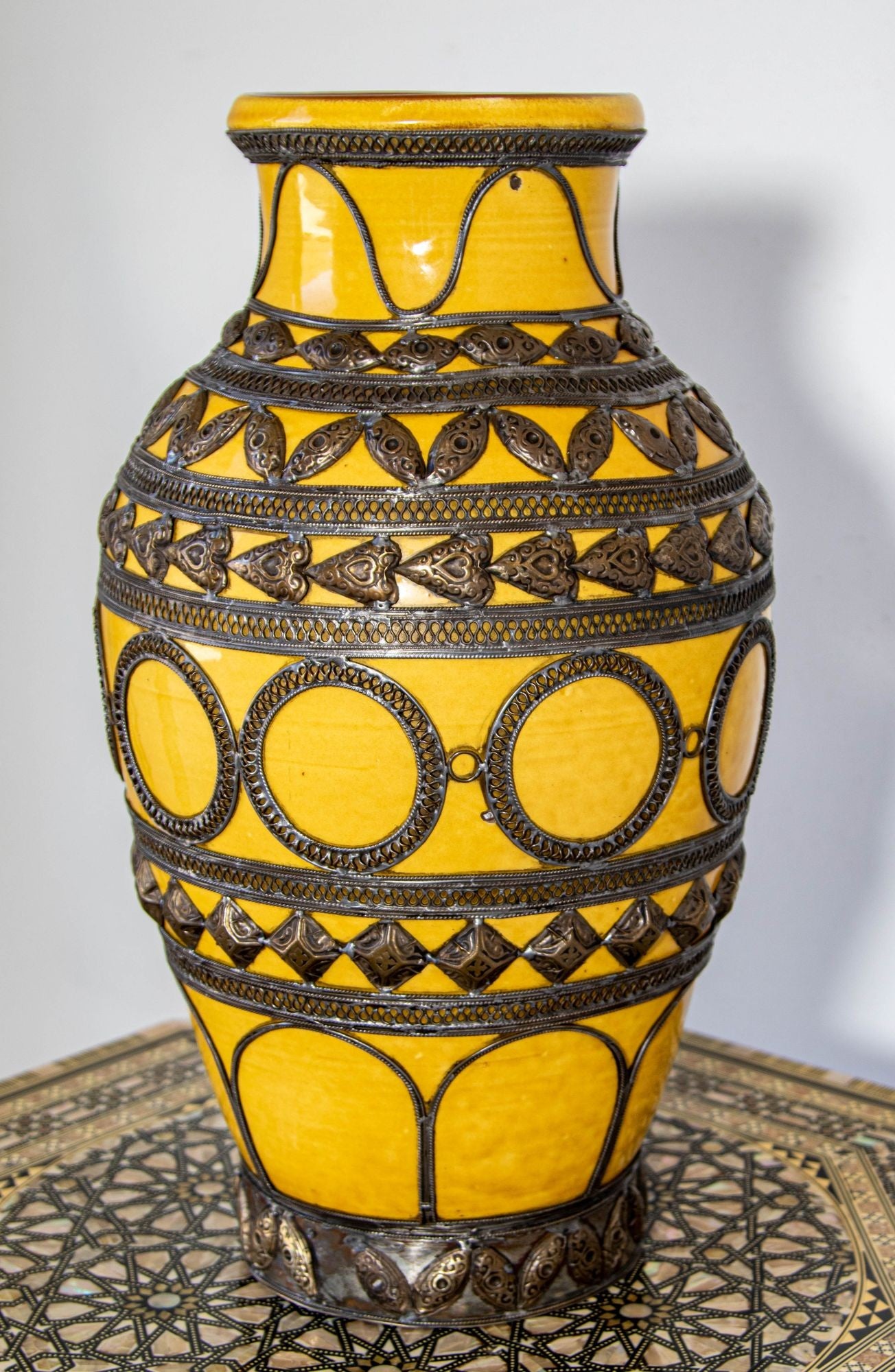 Antique Moroccan Ceramic Vase Bright Yellow with Metal Moorish