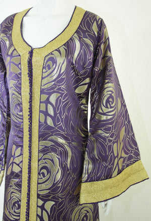 Moroccan Caftan Purple and Gold Damask Embroidered Vintage Kaftan 1960s