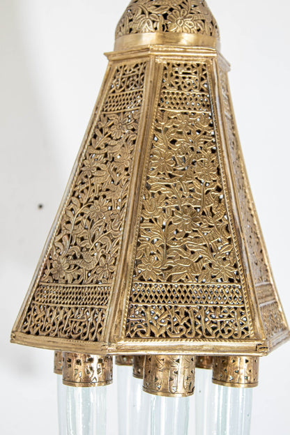 Antique Mamluk Turkish Pierced Brass Hanging Hexagonal Pendant Light Fixture