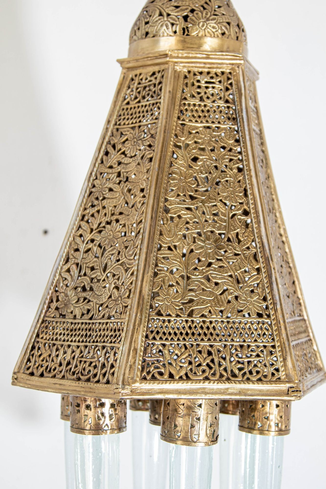 Antique Mamluk Turkish Pierced Brass Hanging Hexagonal Pendant Light Fixture