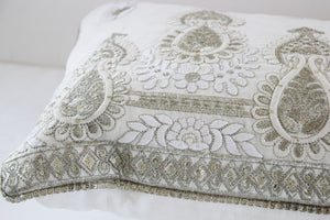 White and Silver Embroidered Mughal Style Throw Pillow