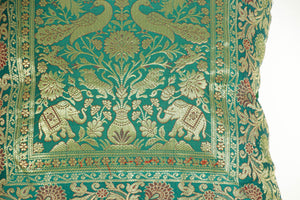 Emerald Green Exotic Silk Throw Pillow with Elephants and Peacocks India