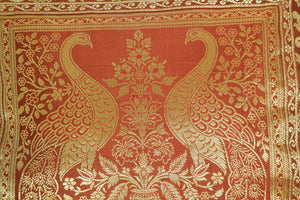 Red Silk Throw Pillow with Elephants and Peacocks India