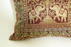 Silk Throw Pillow with Elephants and Peacocks India