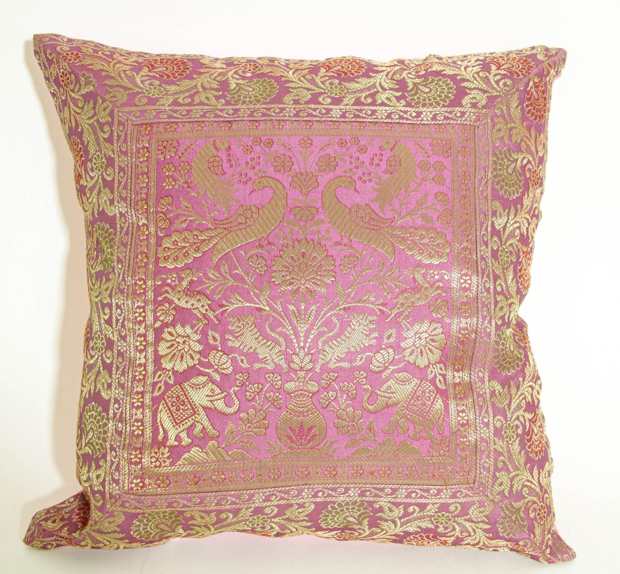 Silk Pink Throw Pillow with Elephants and Peacocks India