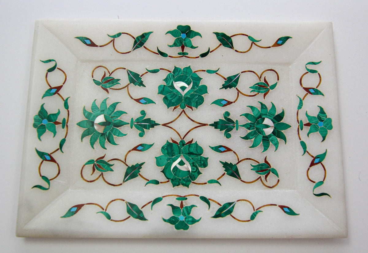 Pietra Dura White Mosaic Inlaid Marble Dish Handcrafted Agra India 1950