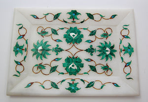 Pietra Dura White Mosaic Inlaid Marble Dish Handcrafted Agra India 1950