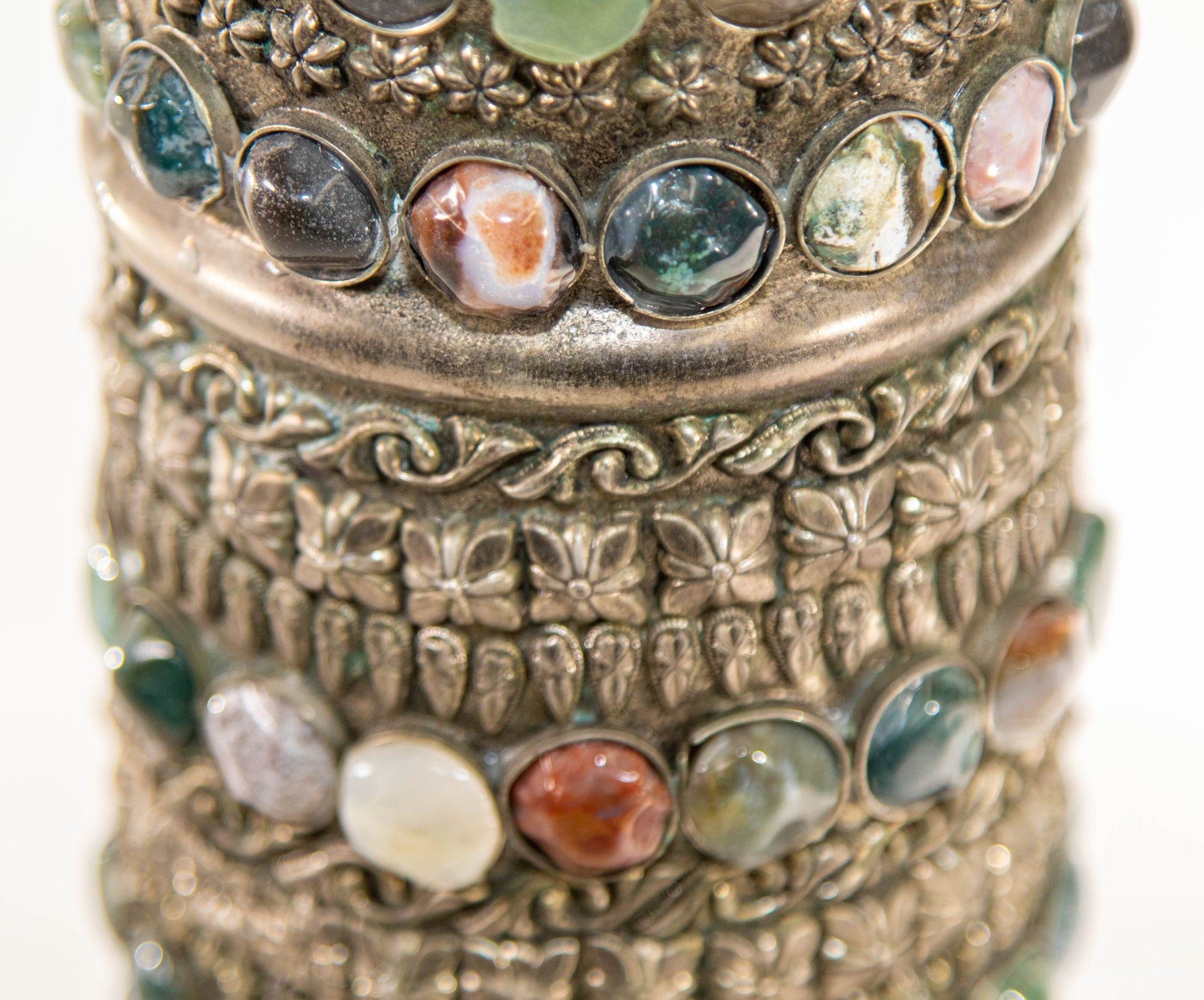 Vintage Agate Inlaid Jewelled Moroccan Silver Candle Holder