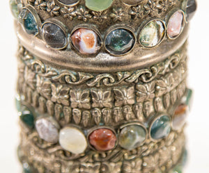 Vintage Agate Inlaid Jewelled Moroccan Silver Candle Holder