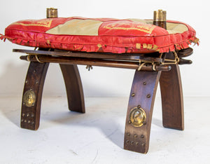 1950s Egyptian Ottoman Camel Saddle Stool with Red and Gold Cushion