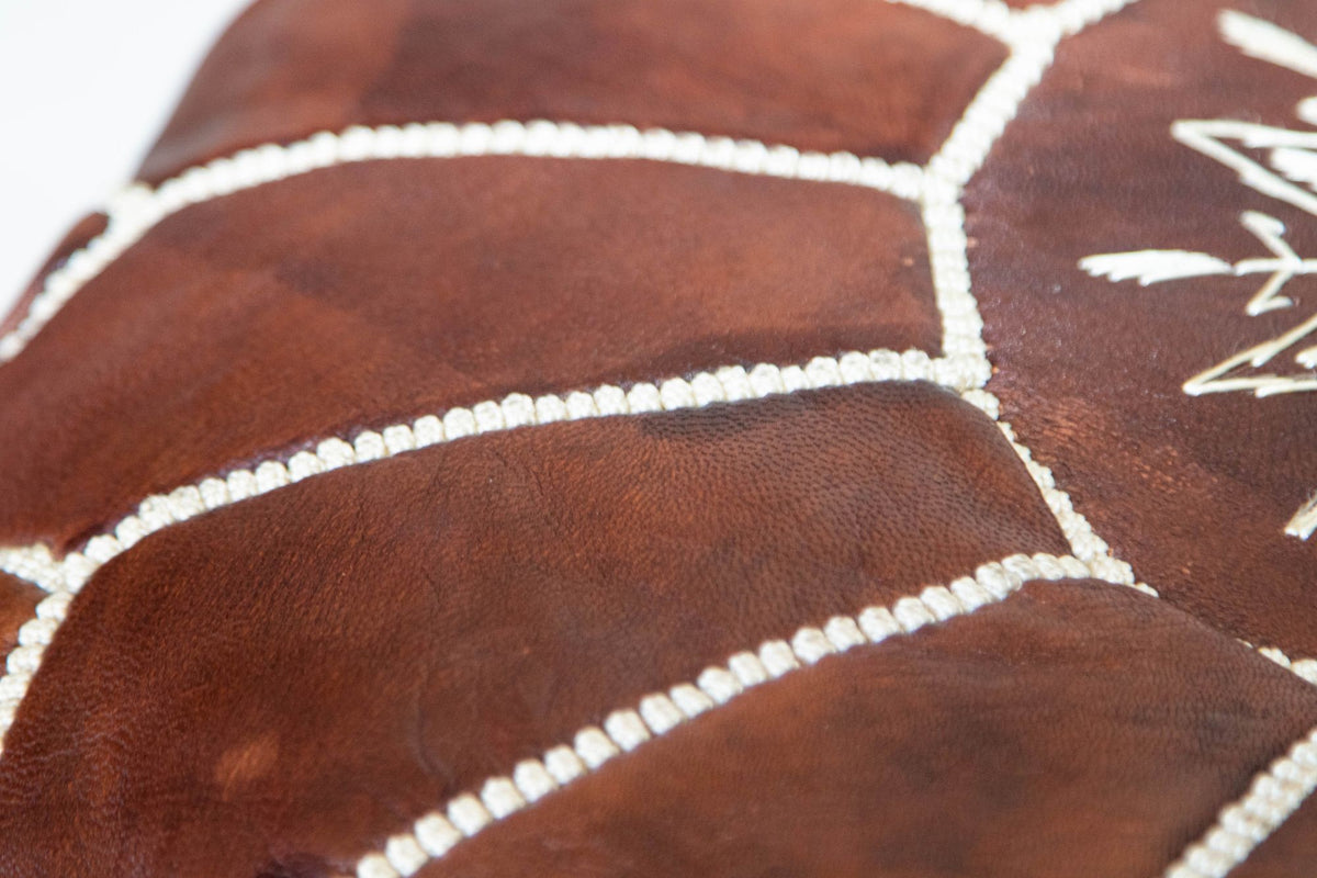 Moroccan Brown Leather Pouf, Embroidered Ottoman, Vintage Style