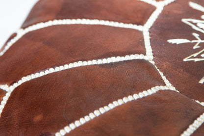 Moroccan Brown Leather Pouf, Embroidered Ottoman, Vintage Style