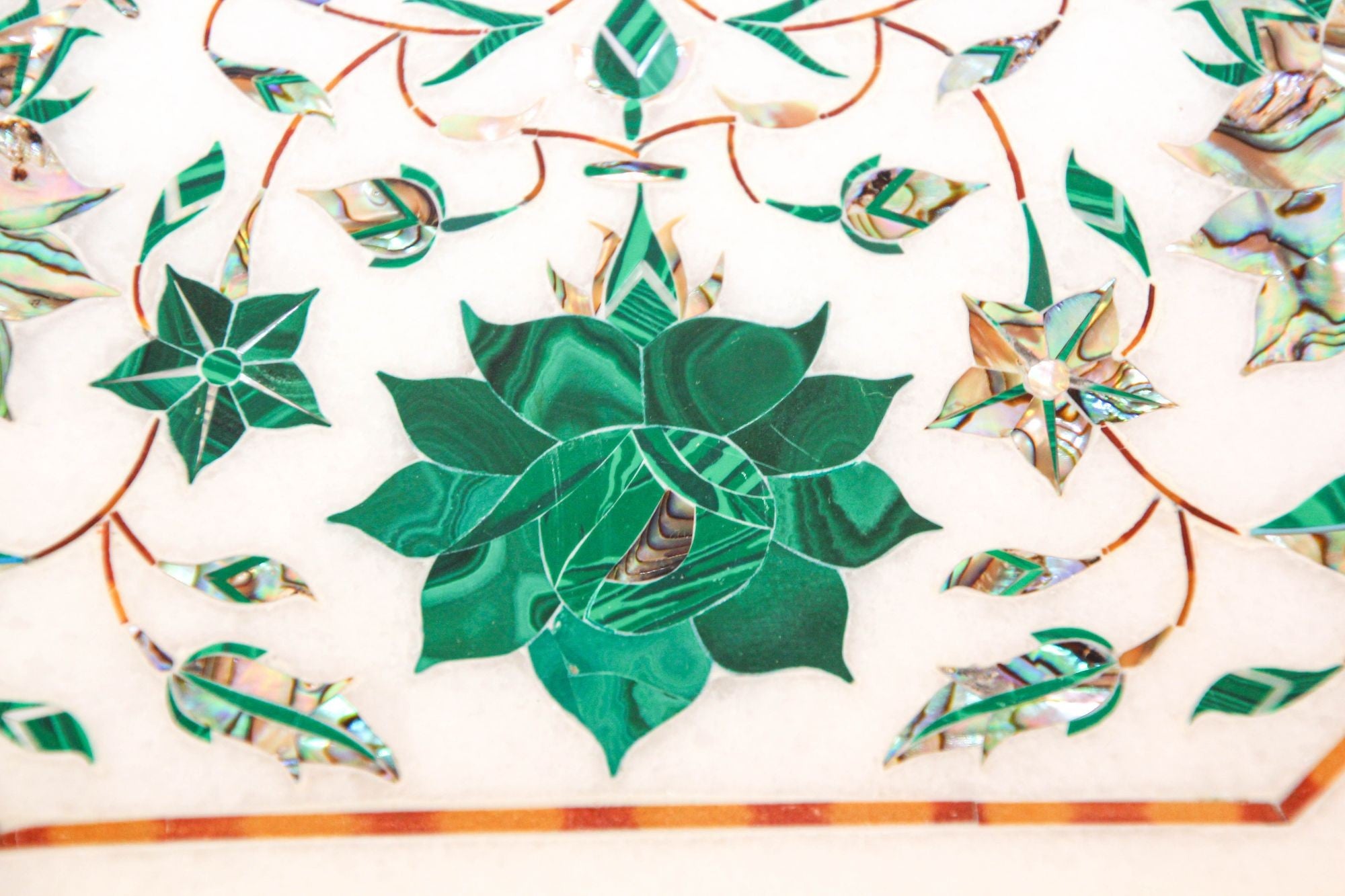 Pietra Dura White Mosaic Octagonal Inlaid Marble Top Handcrafted Agra India 1980