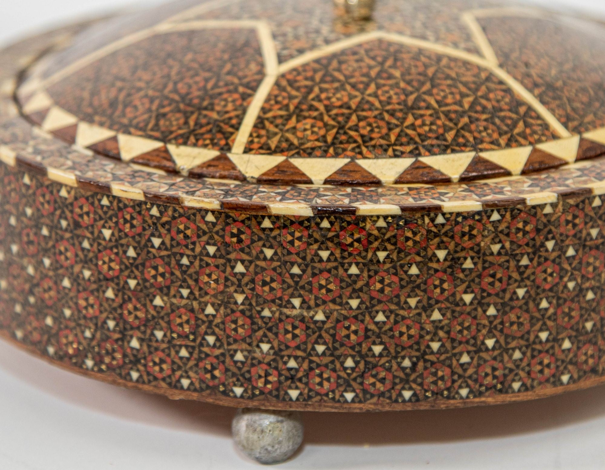 Persian Box Khatam Kari Footed Wooden Round Jewelry Vanity Trinket Moorish Box