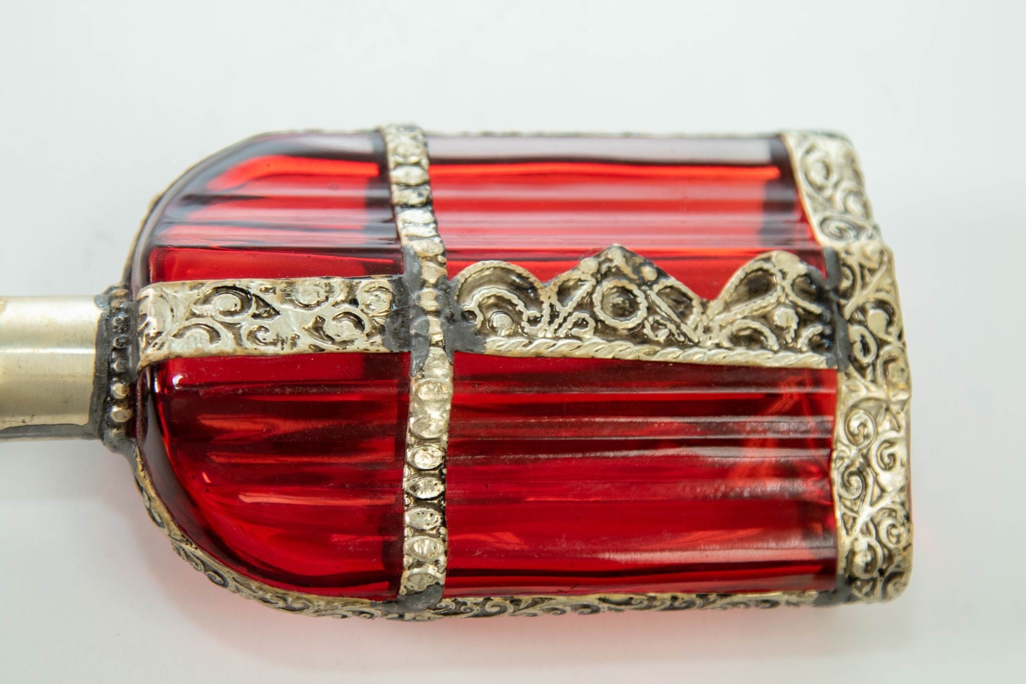 Moroccan Perfume Bottle Sprinkler with Embossed Metal Overlay and Red Glass