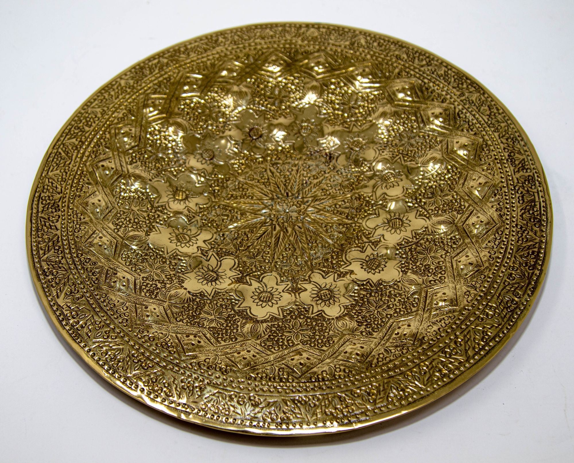 Islamic Persian Polished Brass Tray Collectible Metal Work Platter 10 inches D.
