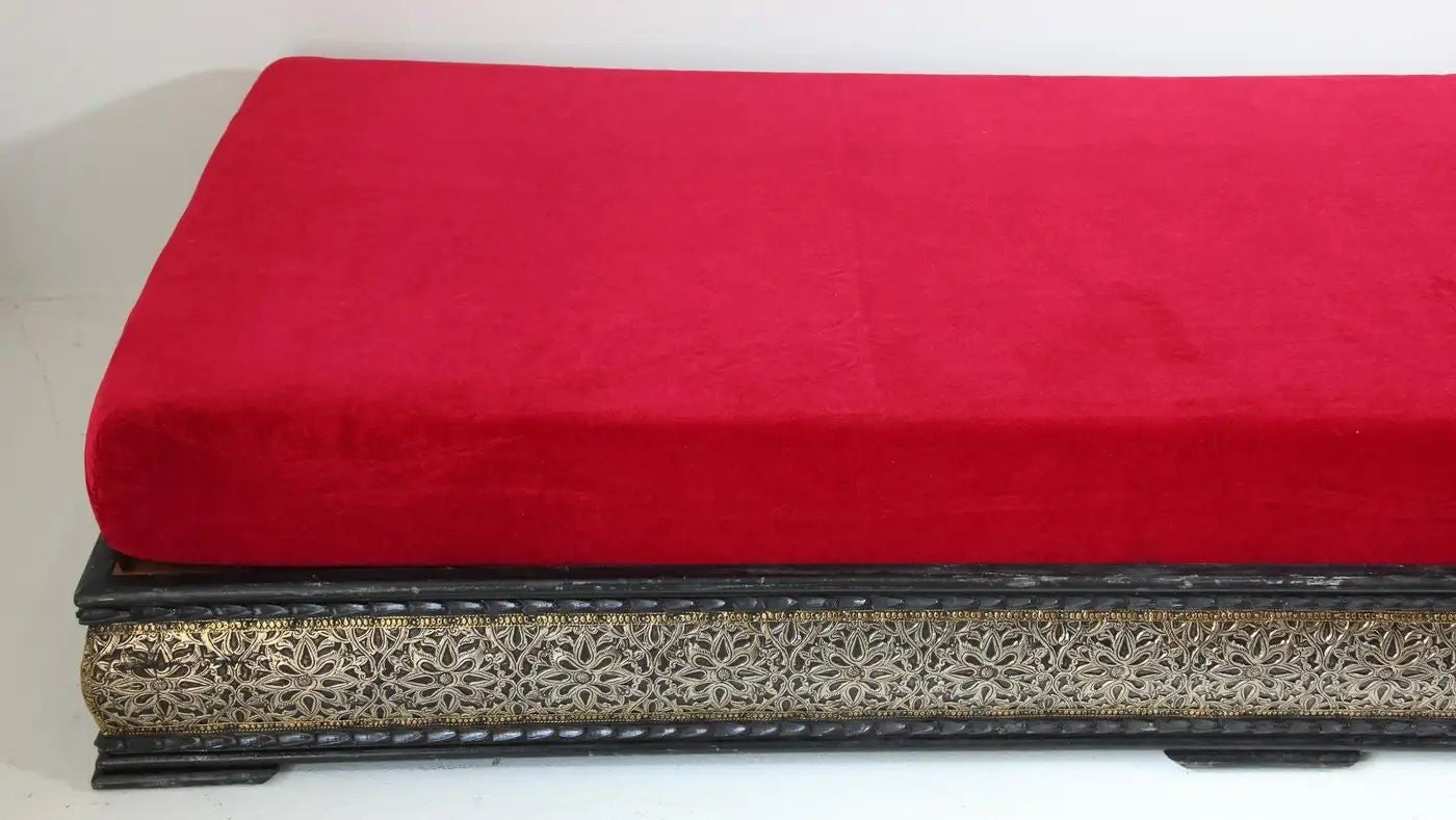Vintage Moroccan Settee Low Bench, Day Bed with Red Cushion