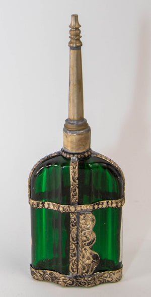 Moorish Emerald Green Glass Perfume Bottle Sprinkler with Embossed Metal Overlay