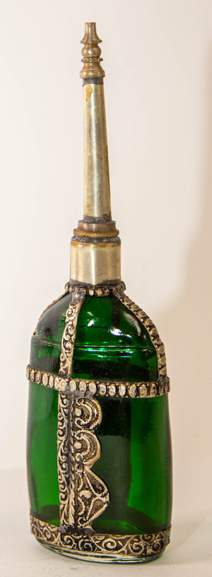 Moorish Green Glass Perfume Bottle Sprinkler with Embossed Metal Overlay
