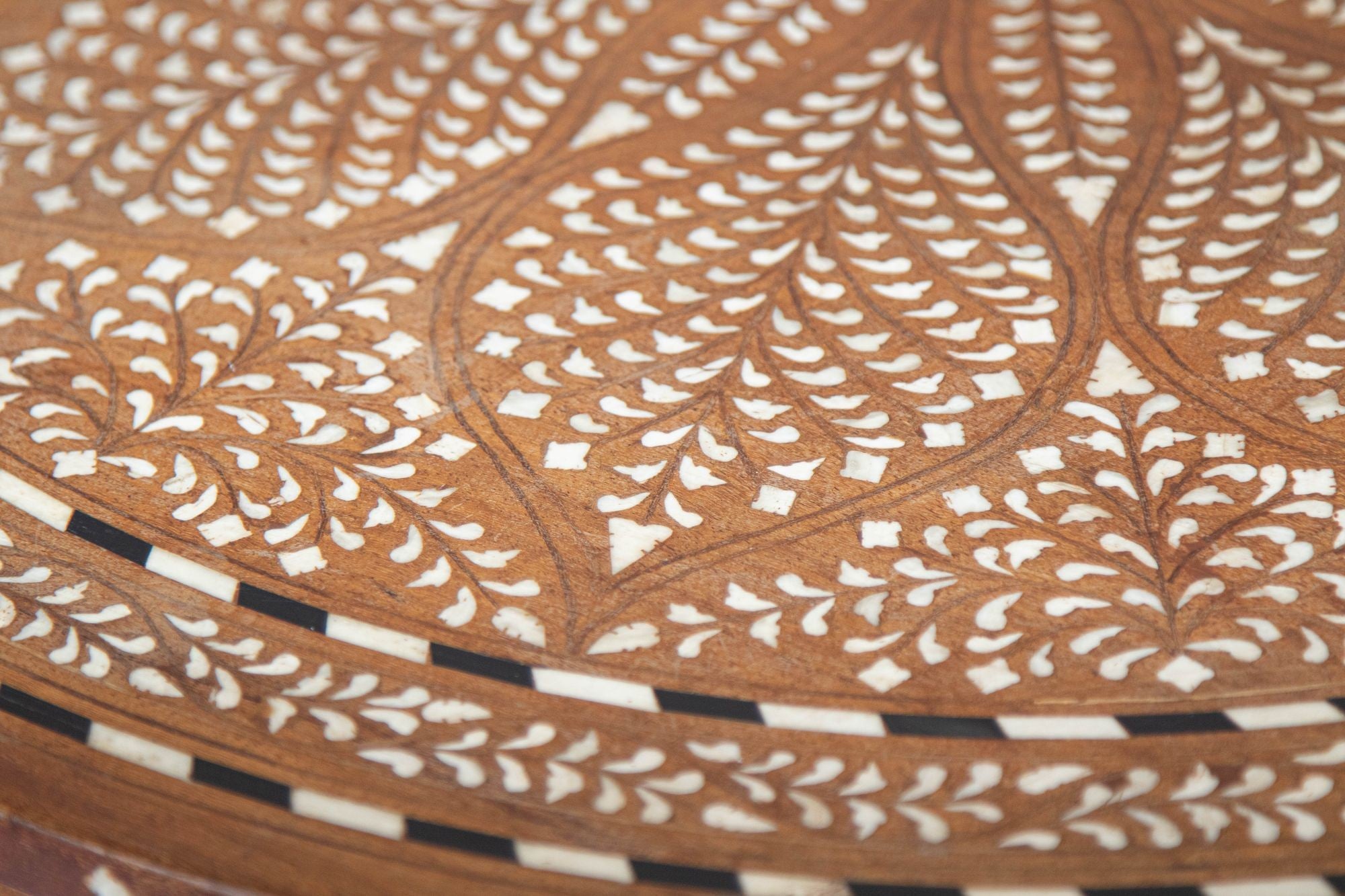 Anglo Indian Mughal Teak Wood Round Side Table with Bone Inlaid