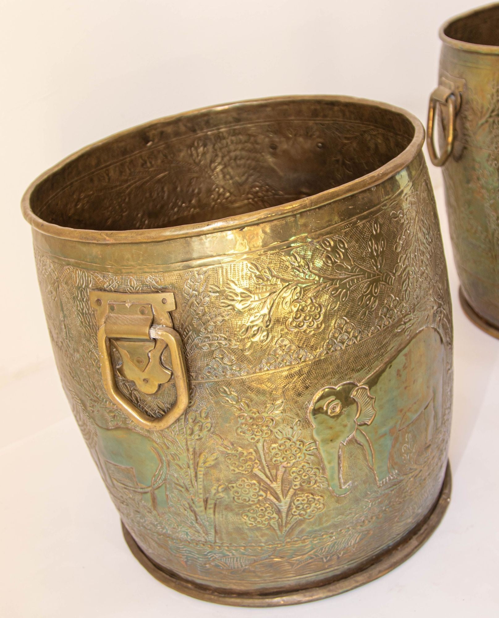 Large Vintage Polished Brass Planters Anglo Raj Hammered Jungle Design a Pair