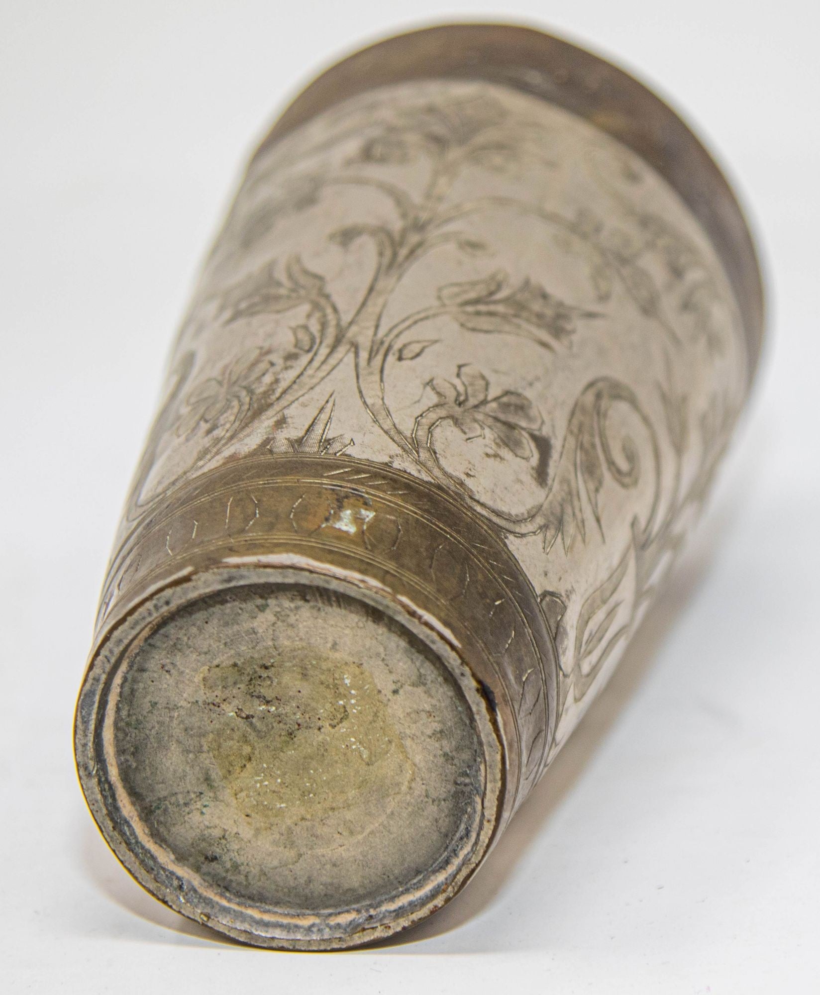 Antique Engraved Metal Silvered Beaker or Vase from India 1940s