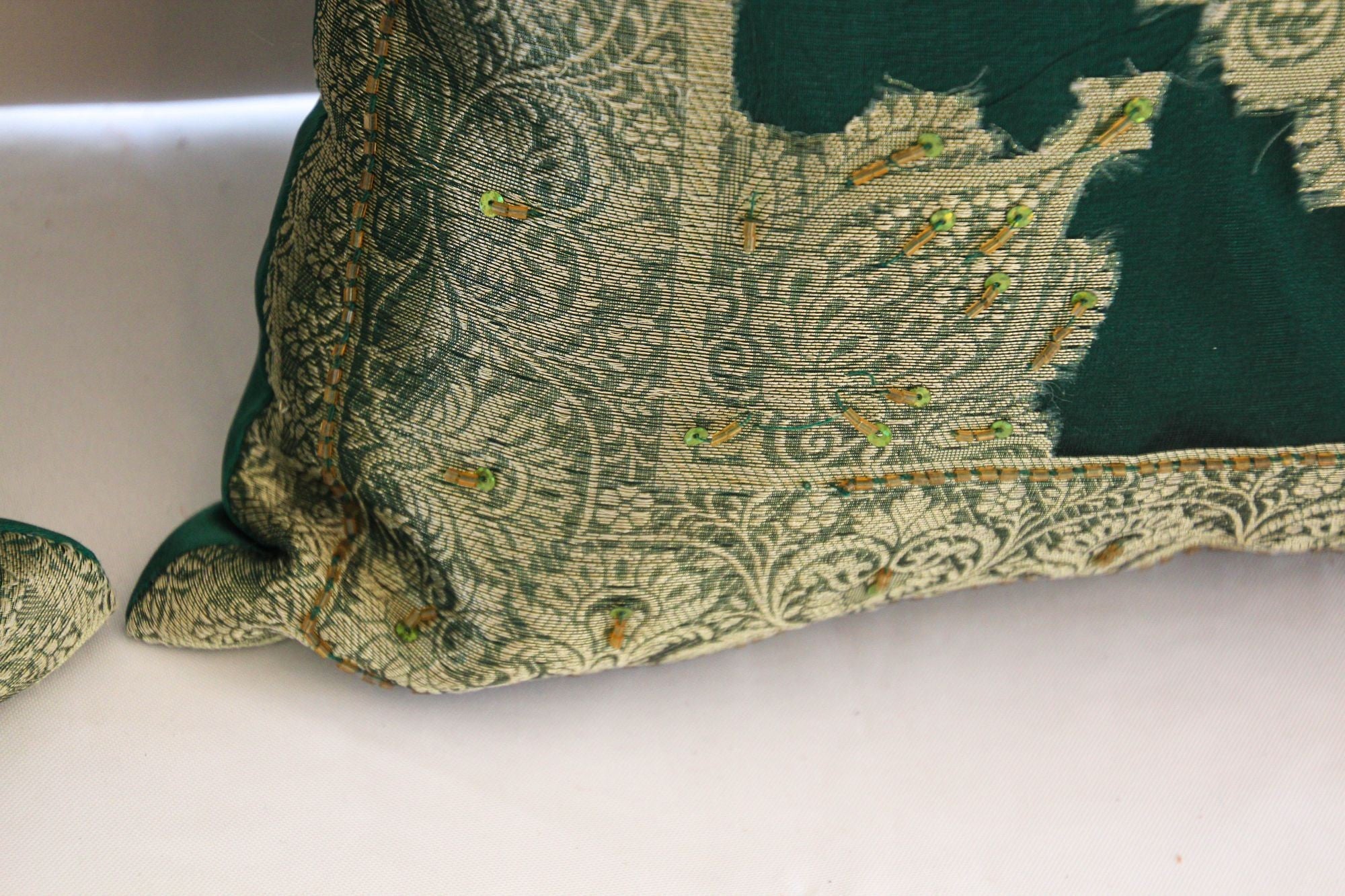 Emerald Green Moorish Throw Pillows Embellished with Sequins and Beads a Pair