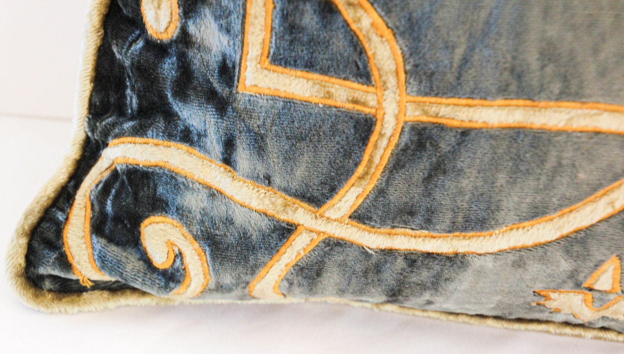 Baroque Venetian Style, Blue and Gold Velvet Pillow, Elaborate Applique Work