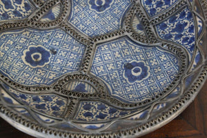 Moroccan Moorish Ceramic Bowl Adorned with Silver Filigree from Fez
