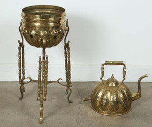 Moroccan Brass Tea Kettle on Stand Handcrafted in Fez Morocco 1930