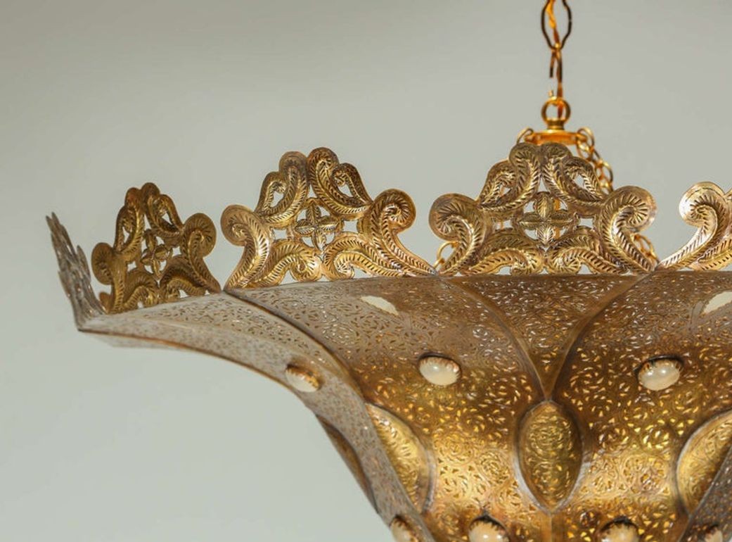 Large Moroccan Moorish Pierced Brass Pasha Chandelier, Alberto Pinto Style