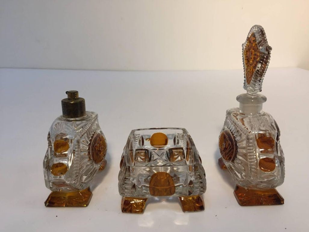 Vintage 1930s Art Deco Karl Palda Crystal Vanity Set of Three Pieces