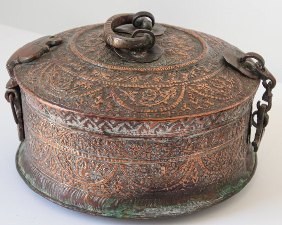 Antique South Asian Mughal Round Tinned Copper Box with Lid India 19th Century