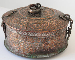 Antique South Asian Mughal Round Tinned Copper Box with Lid India 19th Century