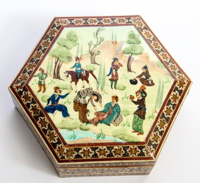 Khatam Persian Micro Mosaic Marquetry Inlaid Jewelry Trinket Box 1950's