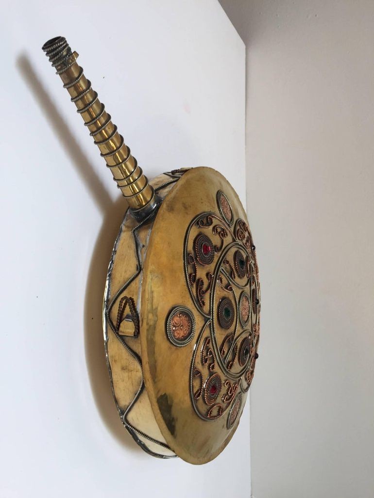 Handcrafted Moroccan Brass Drinking Flask with Glass Stones, 1940